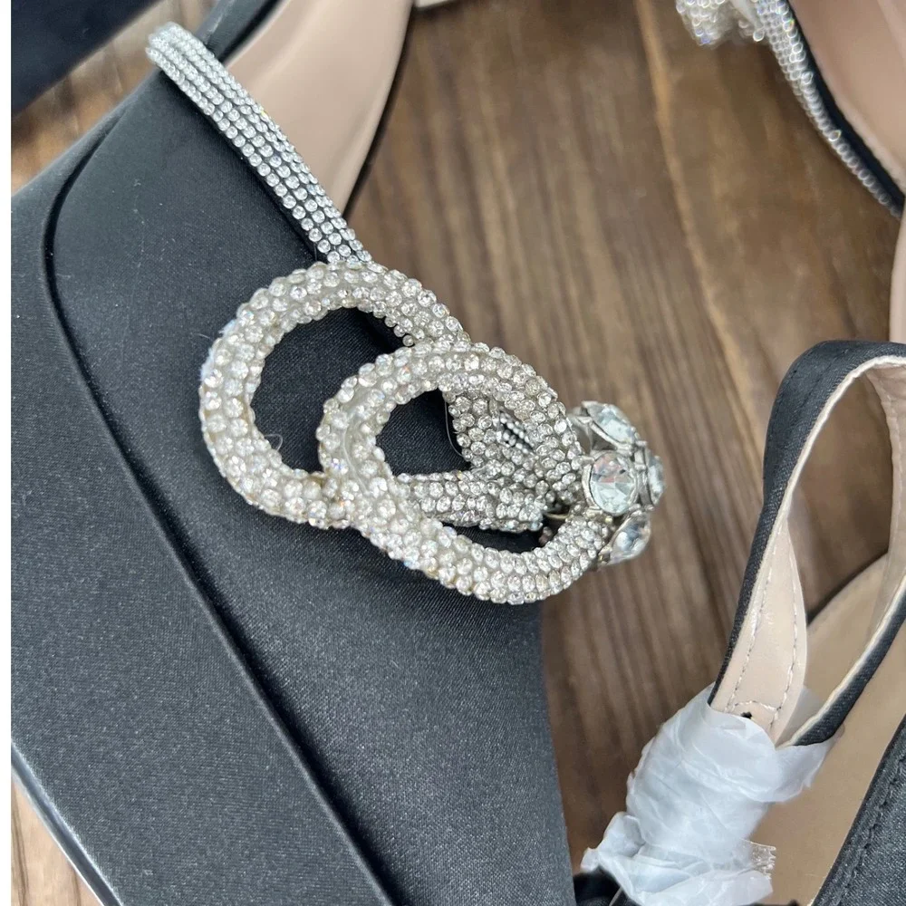 Jenn Ardor Black Satin Platform Heels Rhinestone Bow Pointed Toe Prom 6 NWT